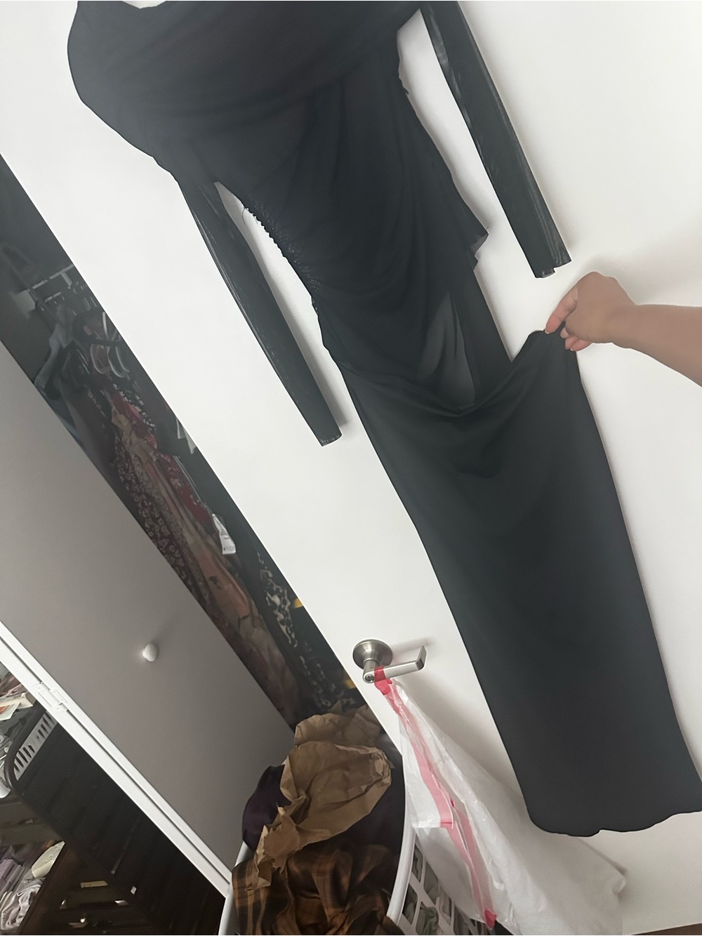 Black Long-Sleeve Draped Maxi Dress